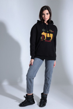 Демисезонный черный свободный худи с вышивкой и капюшоном HIT 0210 чёрный - фото 2