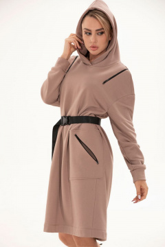 Демисезонное трикотажное платье с капюшоном и молниями Golden Valley 4784 бежевый - фото 1