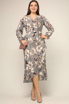 Платье прямое с V-образным вырезом и воланами La rouge 5348 серый-(цветы) - фото 1