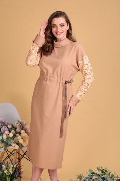 Платье прямого силуэта с кулисой и шифоновыми рукавами SandyNa 130116 охра - фото 4