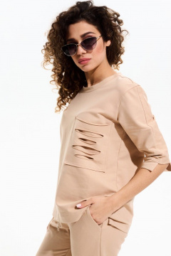 Бежевый трикотажный костюм из брюк и джемпера с резинками MAX S005 бежевый - фото 3