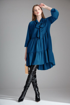 Синее трапециевидное платье с воланами и бантовым воротником Орхидея 1117 синий - фото 5