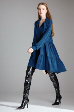 Синее трапециевидное платье с воланами и бантовым воротником Орхидея 1117 синий - фото 4