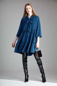 Синее трапециевидное платье с воланами и бантовым воротником Орхидея 1117 синий - фото 1