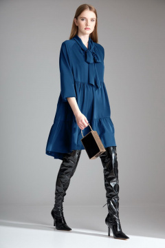 Синее трапециевидное платье с воланами и бантовым воротником Орхидея 1117 синий - фото 2