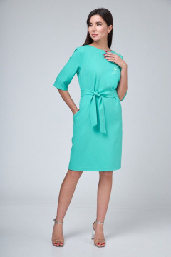 Платье прямое с округлым и V-образным вырезом, карманами и поясом, демисезонное Anelli 1070 зелень - фото 1