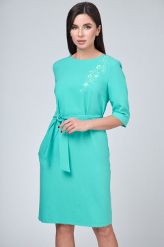 Платье прямое с округлым и V-образным вырезом, карманами и поясом, демисезонное Anelli 1070 зелень - фото 3