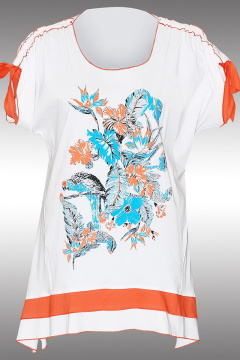 Блуза из хлопка белая и оранжевая для летнего повседневного образа Таир-Гранд 62136 оранжев.отд - фото 1