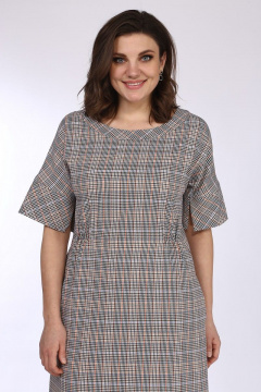 Платье А-силуэта из текстиля с разрезами и сборкой Lady Style Classic 1632 бежевый_клетка - фото 2