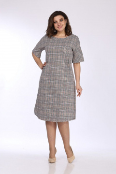 Платье А-силуэта из текстиля с разрезами и сборкой Lady Style Classic 1632 бежевый_клетка - фото 1