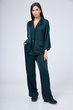Домашний и повседневный костюм из атласных жакета и брюк Anelli 1205 изумруд - фото 2