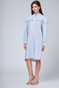 Платье-рубашка хлопковое с рюшем, воланами и длинными рукавами Anelli 1024 полоска_серо-голубая - фото 3