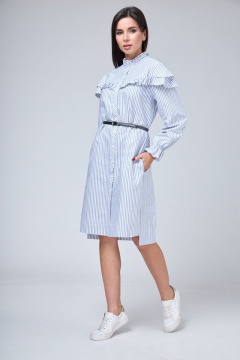 Платье-рубашка хлопковое с рюшем, воланами и длинными рукавами Anelli 1024 полоска_серо-голубая - фото 1