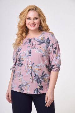 Блуза с нежным принтом и сборками из хлопка Anelli 831 пудра_цветы - фото 2
