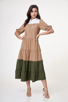 Платье рубашка из текстиля с карманами и резинкой рукава Anelli 1057 ириска - фото 1