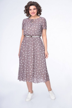 Платье из шифона с резинкой по линии талии и коротким рукавом Swallow 487 кофейный_в_белый_горох - фото 1