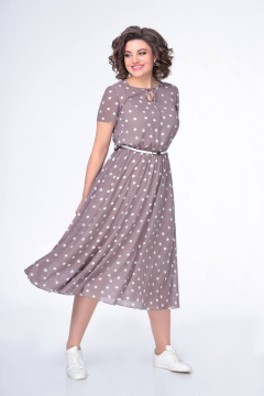 Платье из шифона с резинкой по линии талии и коротким рукавом Swallow 487 кофейный_в_белый_горох - фото 5