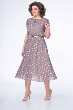 Платье из шифона с резинкой по линии талии и коротким рукавом Swallow 487 кофейный_в_белый_горох - фото 3