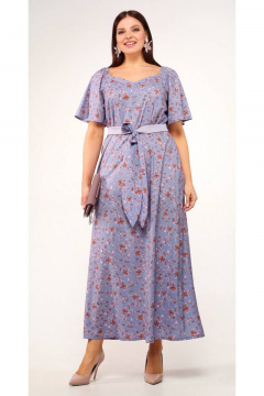 Платье свободное с фигурным вырезом и поясом La rouge 5388 сиреневый-(цветы) - фото 1