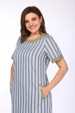 Платье прямое из текстиля с прорезными карманами Lady Style Classic 1427/9 синий_хаки-полосы - фото 2