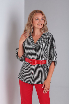 Блуза прямого силуэта и брюки-палаццо из льна Gamma Gracia 384 красный-черный-белая-полоска - фото 2