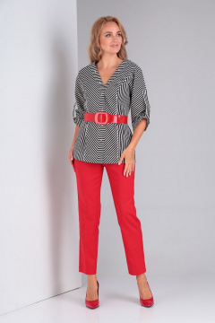 Блуза прямого силуэта и брюки-палаццо из льна Gamma Gracia 384 красный-черный-белая-полоска - фото 3