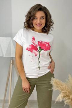 Футболка на каждый день из хлопка с принтом и спущенным плечом Rumoda 2061_кр коралл - фото 1