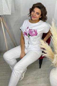 Белый трикотажный джемпер с принтом и спущенным плечом Rumoda 2061_кр лаванда - фото 3