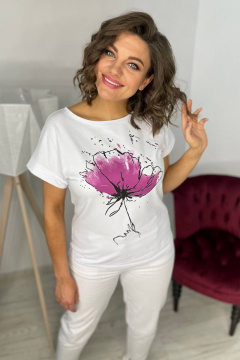 Белый трикотажный джемпер с принтом и спущенным плечом Rumoda 2062_кр лаванда - фото 3