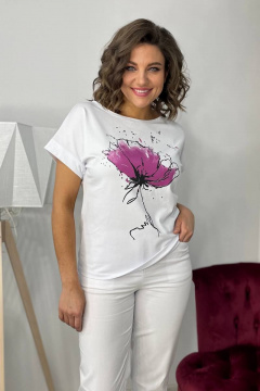 Белый трикотажный джемпер с принтом и спущенным плечом Rumoda 2062_кр лаванда - фото 1