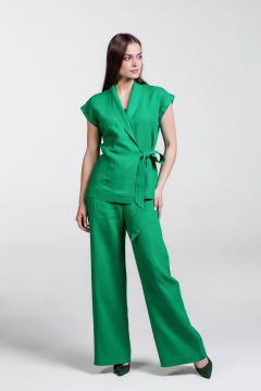 Деловой летний костюм из льна жакет и брюки палаццо с резинкой Atelero 1001 зеленый - фото 5