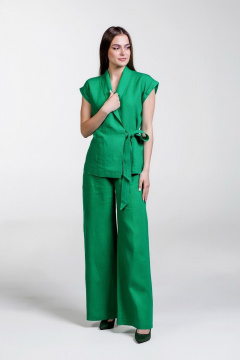 Деловой летний костюм из льна жакет и брюки палаццо с резинкой Atelero 1001 зеленый - фото 3