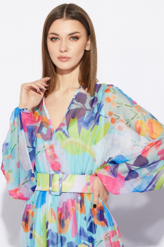 Летнее платье из шифона с рисунком и съёмным поясом EOLA 2206 голубой+рисунок - фото 4