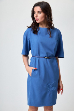 Платье с рельефами и карманами из хлопка и льна Anelli 351 василек - фото 3