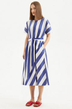 Платье из синтетической ткани с разными полосками и поясом Moveri by Larisa Balunova M5129D-1 белый=полоска - фото 1