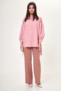 Блуза с кружевами и воротником на стойке из хлопка Anelli 997 пудра - фото 4