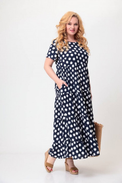 Платье макси из вискозы с воланами и карманами Swallow 561 темно-синий_в_белые_горохи - фото 5