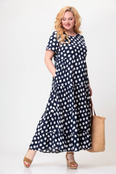 Платье макси из вискозы с воланами и карманами Swallow 561 темно-синий_в_белые_горохи - фото 3