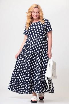 Платье макси из вискозы с воланами и карманами Swallow 561 темно-синий_в_белые_горохи - фото 2