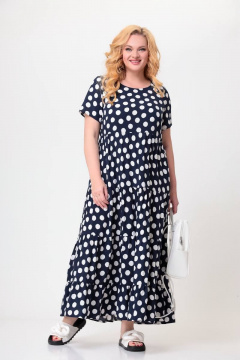 Платье макси из вискозы с воланами и карманами Swallow 561 темно-синий_в_белые_горохи - фото 1