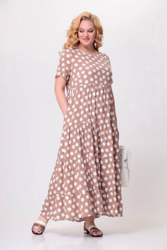Платье макси из вискозы с воланами и карманами Swallow 562 песочный_в_белые_горохи - фото 3