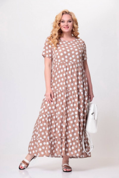 Платье макси из вискозы с воланами и карманами Swallow 562 песочный_в_белые_горохи - фото 1