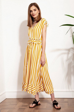 Легкое полосатое платье из вискозы с рюшами и регулируемыми воротом Nova Line 50265 полоска_горчичная - фото 1