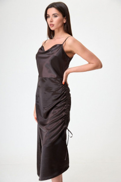 Коричневое миди платье с разрезом, шнурком и регулировкой Anelli 1292 горький_шоколад - фото 3