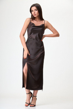 Коричневое миди платье с разрезом, шнурком и регулировкой Anelli 1292 горький_шоколад - фото 2