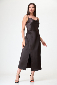 Коричневое миди платье с разрезом, шнурком и регулировкой Anelli 1292 горький_шоколад - фото 1