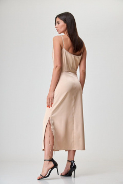 Бежевое миди платье с разрезом, шнурком и поясом Anelli 1292 золотое_руно - фото 5