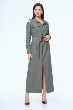 Зеленое расклешенное длинное платье с молнией и поясом Anelli 1236 миртовый - фото 1