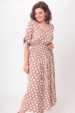 Платье макси из вискозы с завышенной талией и V-горловиной Swallow 568 песочный_в_белый_горох - фото 4