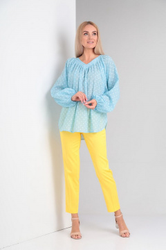 Летний комплект из свободной блузки и брюков с заутюженными кантами Gamma Gracia 567 желтый-голубой-белый-горох - фото 3
